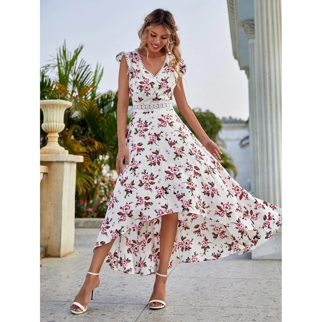 Womens Full Body Floral Print High Low Hem A-Line Dress Image 10