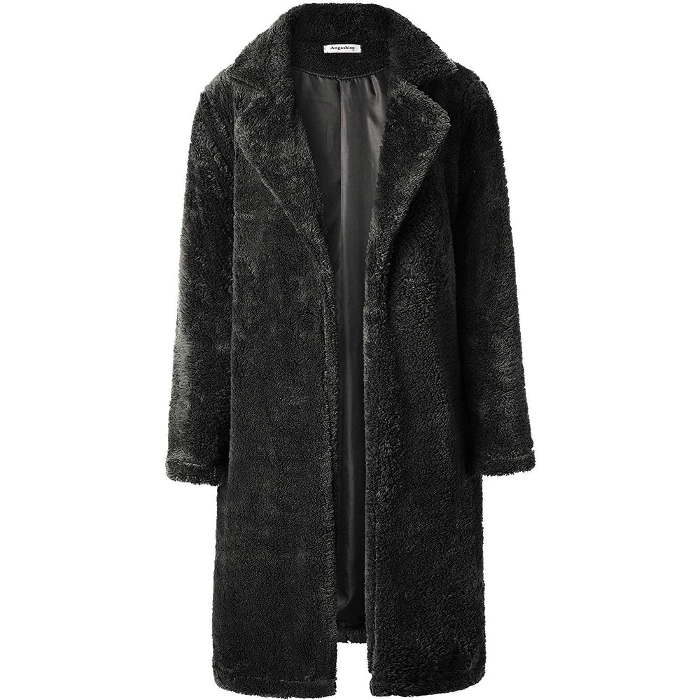 Womens Fuzzy Fleece Lapel Open Front Long Cardigan Coat Image 2