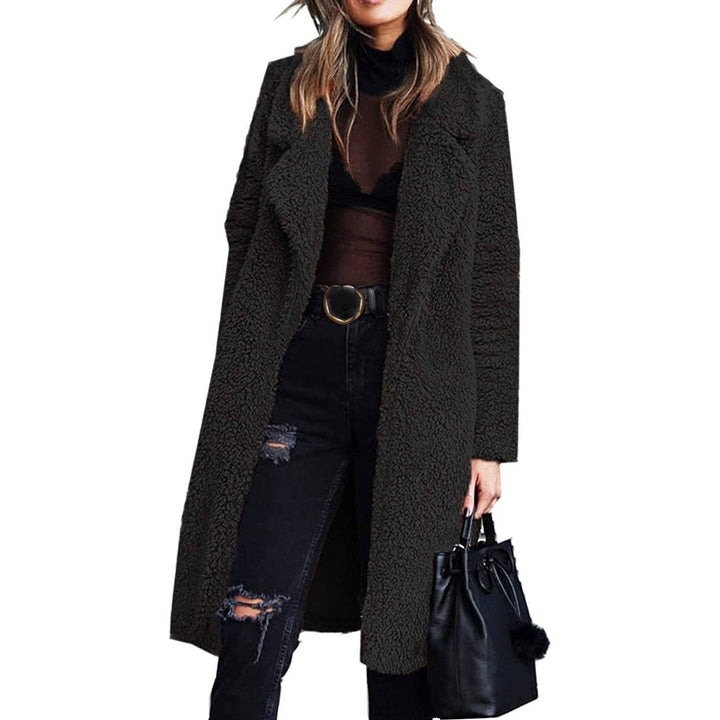 Womens Fuzzy Fleece Lapel Open Front Long Cardigan Coat Image 9