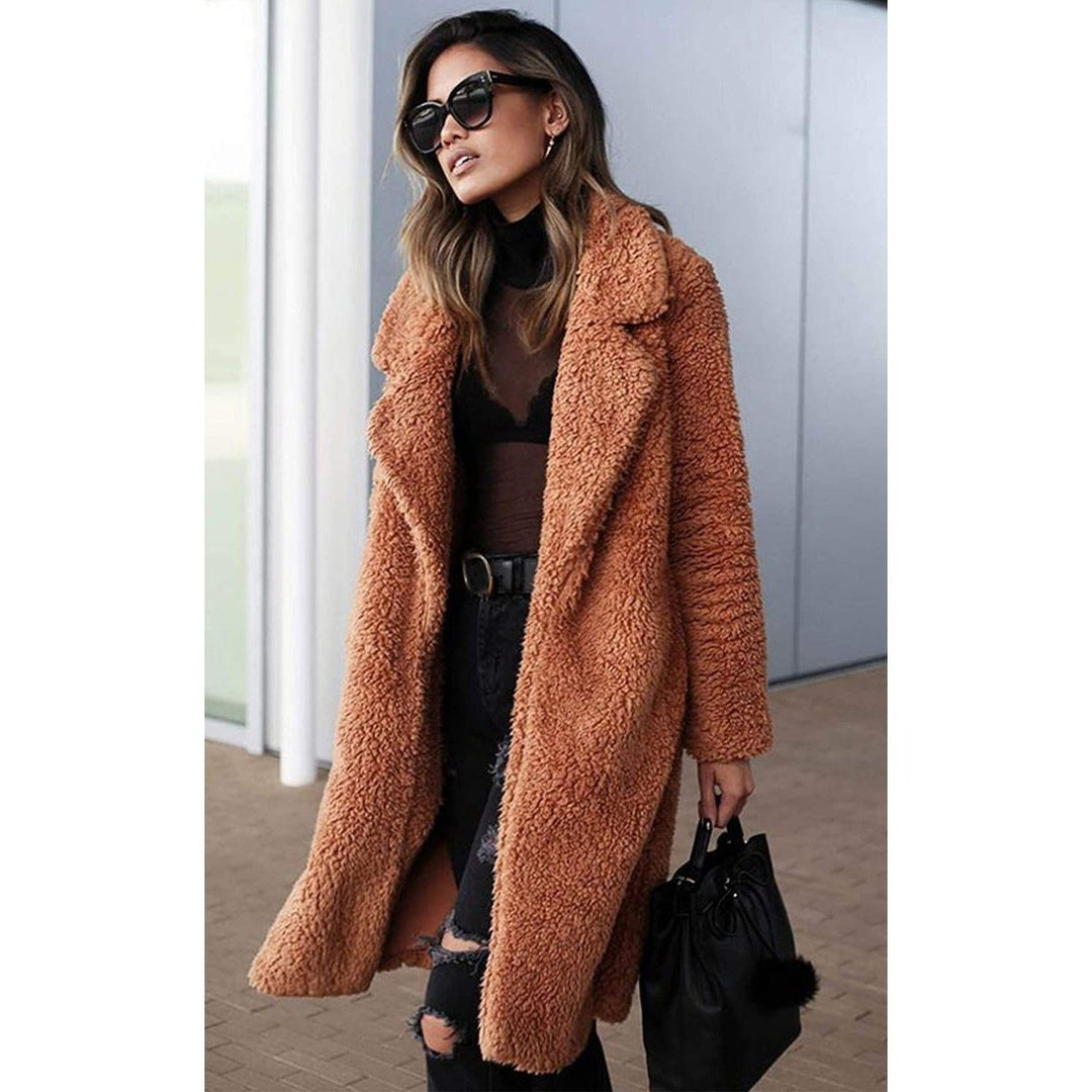 Womens Fuzzy Fleece Lapel Open Front Long Cardigan Coat Image 12