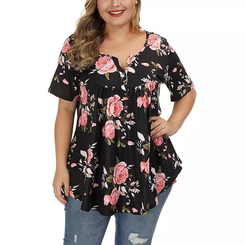 Womens Henley Shirts Floral Tunic Tops Short Sleeve Blouses Image 1