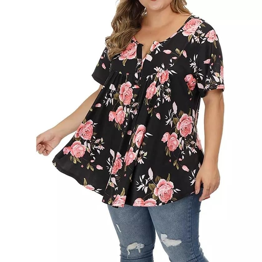 Womens Henley Shirts Floral Tunic Tops Short Sleeve Blouses Image 2