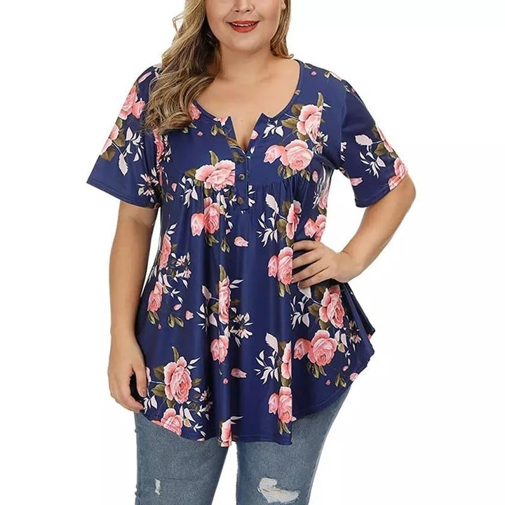 Womens Henley Shirts Floral Tunic Tops Short Sleeve Blouses Image 3