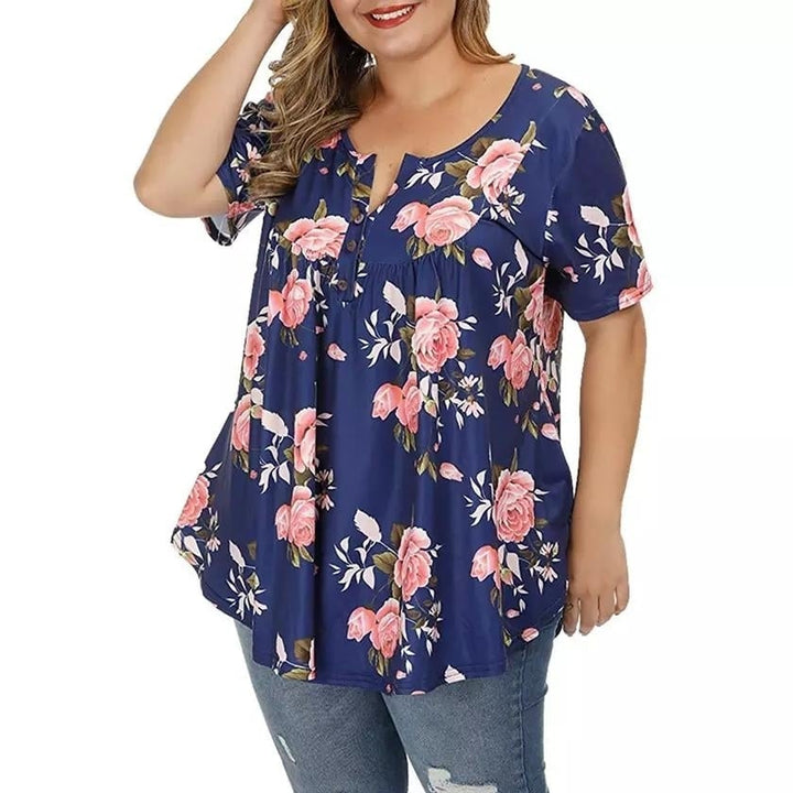 Womens Henley Shirts Floral Tunic Tops Short Sleeve Blouses Image 4