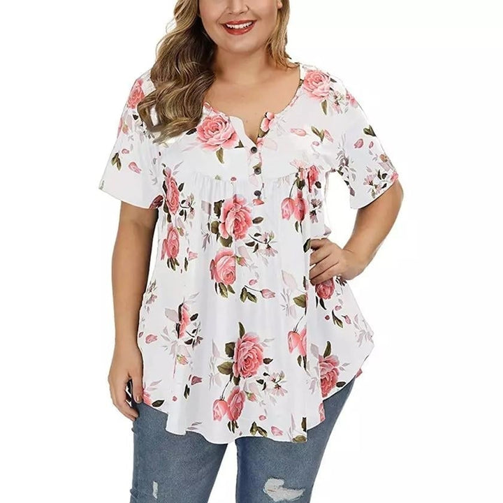 Womens Henley Shirts Floral Tunic Tops Short Sleeve Blouses Image 4