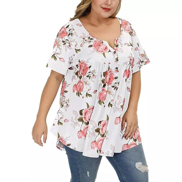 Womens Henley Shirts Floral Tunic Tops Short Sleeve Blouses Image 6