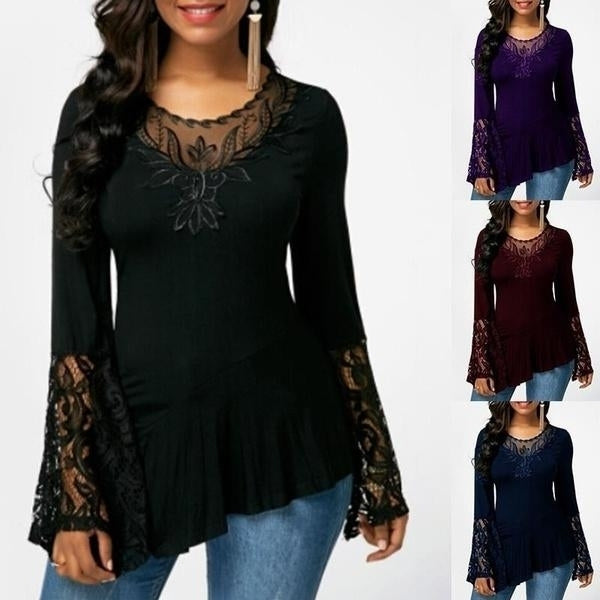 Women Casual Irregular T-shirt with Long-sleeved Lace Stitching Plus Size Shirts Image 1