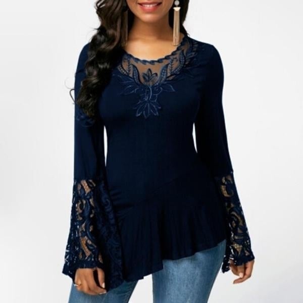 Women Casual Irregular T-shirt with Long-sleeved Lace Stitching Plus Size Shirts Image 2