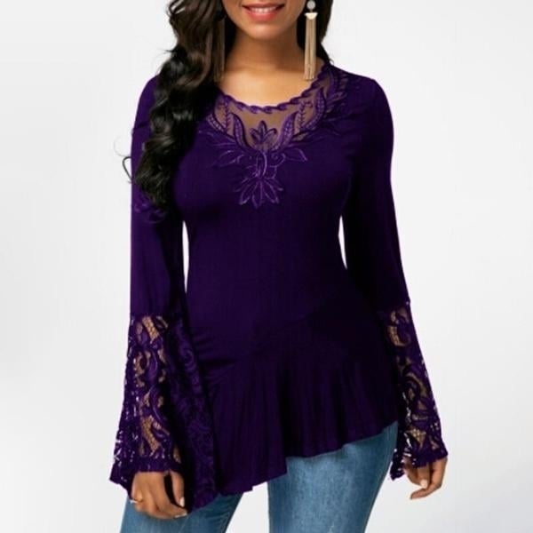 Women Casual Irregular T-shirt with Long-sleeved Lace Stitching Plus Size Shirts Image 3