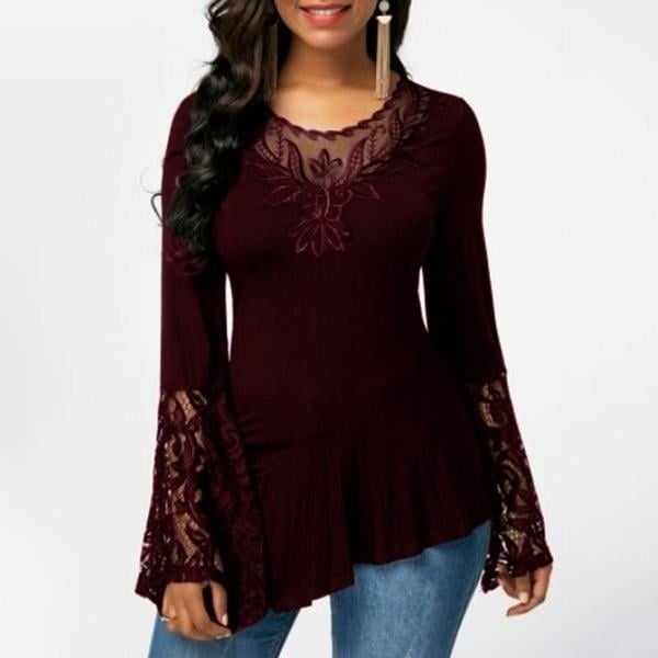 Women Casual Irregular T-shirt with Long-sleeved Lace Stitching Plus Size Shirts Image 4