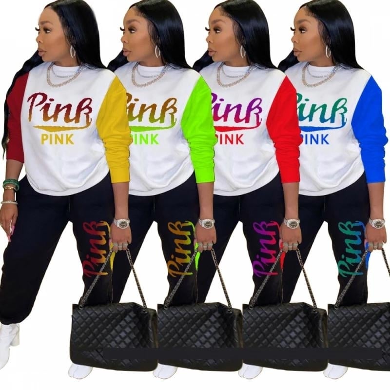 Women Pink Letter Print Long Sleeve Top and Pants Spring Streetwear Image 1