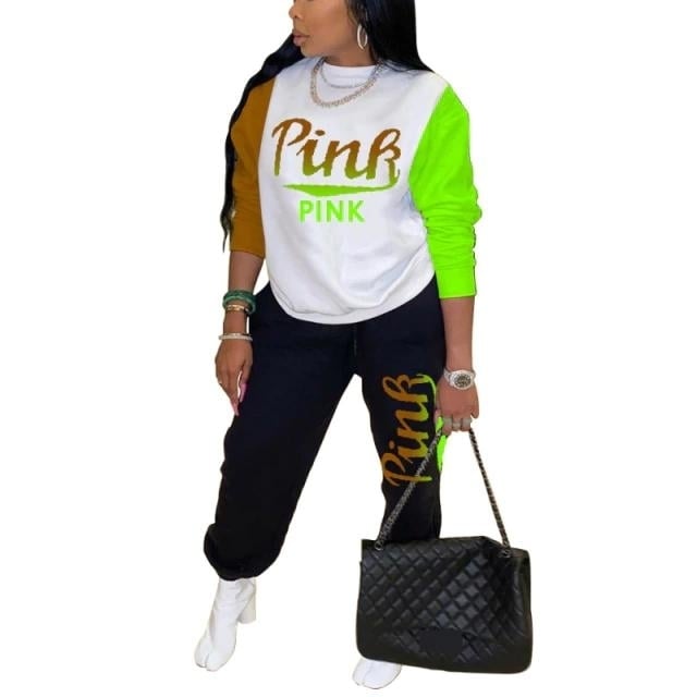 Women Pink Letter Print Long Sleeve Top and Pants Spring Streetwear Image 2