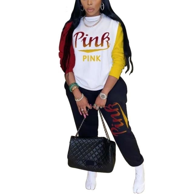 Women Pink Letter Print Long Sleeve Top and Pants Spring Streetwear Image 3