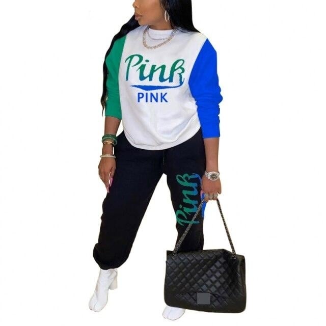 Women Pink Letter Print Long Sleeve Top and Pants Spring Streetwear Image 4