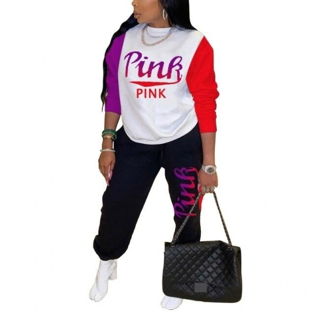 Women Pink Letter Print Long Sleeve Top and Pants Spring Streetwear Image 4