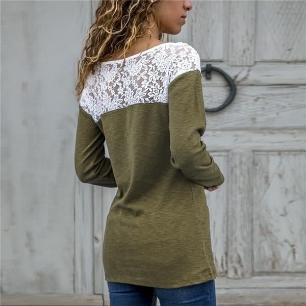 Women Round Neck Sexy Lace Casual Long-Sleeved Top Image 2