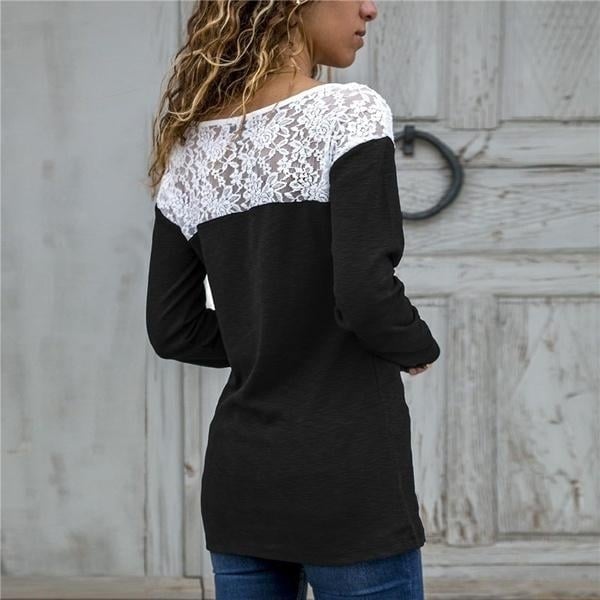 Women Round Neck Sexy Lace Casual Long-Sleeved Top Image 4