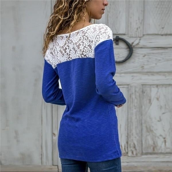 Women Round Neck Sexy Lace Casual Long-Sleeved Top Image 6