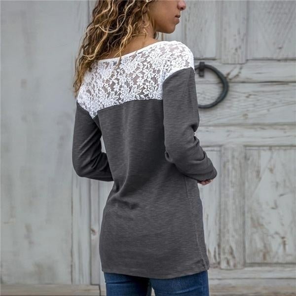 Women Round Neck Sexy Lace Casual Long-Sleeved Top Image 8