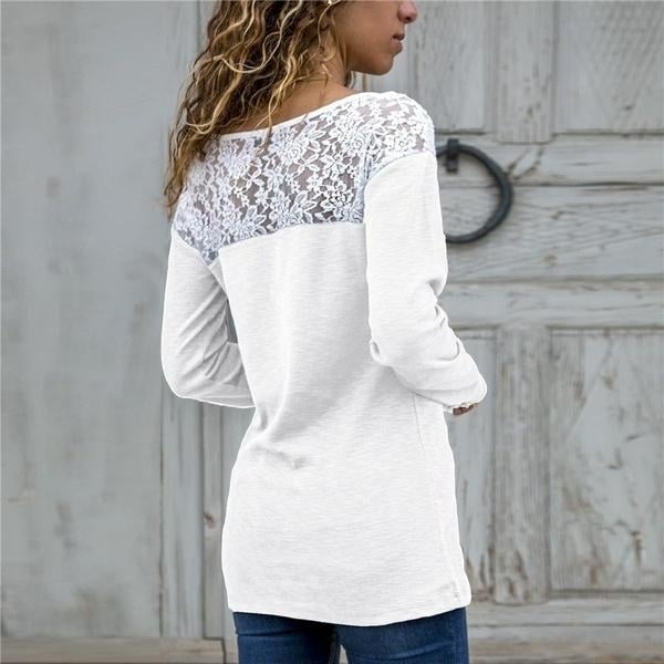 Women Round Neck Sexy Lace Casual Long-Sleeved Top Image 10