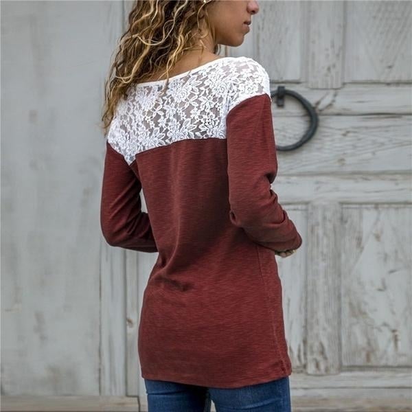 Women Round Neck Sexy Lace Casual Long-Sleeved Top Image 12