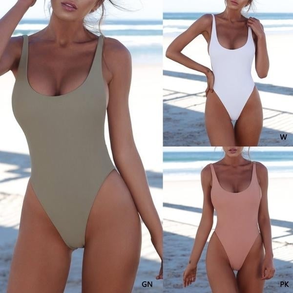 Women Sexy Push Up One-piece Backless Solid Retro Triangle Swimsuit Image 9