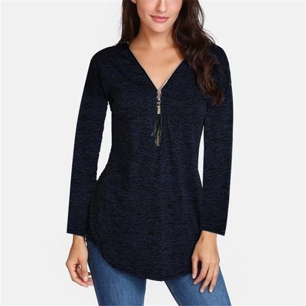 Women V-neck Zipper Long Sleeve Solid Color Top Plus Size Blouse Top Image 1