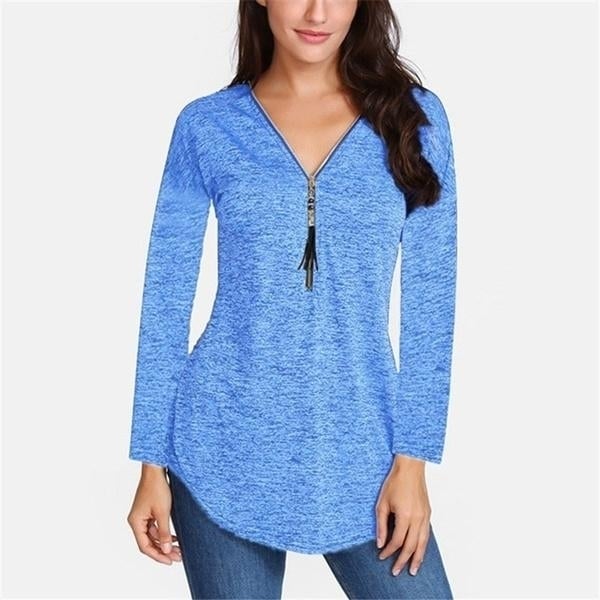 Women V-neck Zipper Long Sleeve Solid Color Top Plus Size Blouse Top Image 2