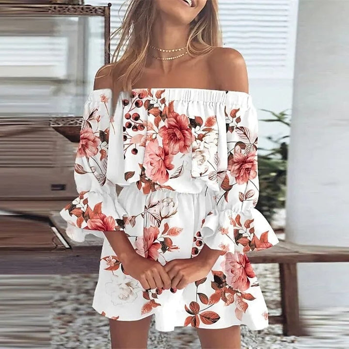 Womens 3/4 Length Sleeve Floral Ruffle Summer Spring Off Shoulder Dress Image 1