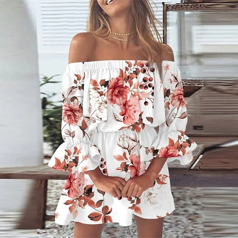 Womens 3/4 Length Sleeve Floral Ruffle Summer Spring Off Shoulder Dress Image 2