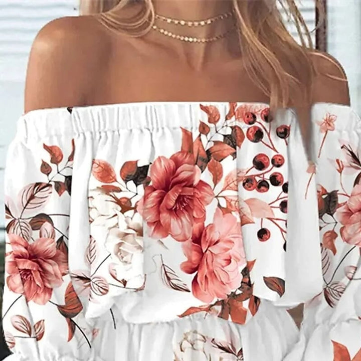 Womens 3/4 Length Sleeve Floral Ruffle Summer Spring Off Shoulder Dress Image 3