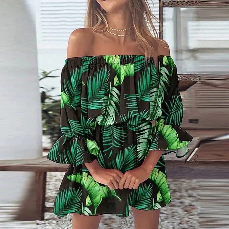 Womens 3/4 Length Sleeve Floral Ruffle Summer Spring Off Shoulder Dress Image 4