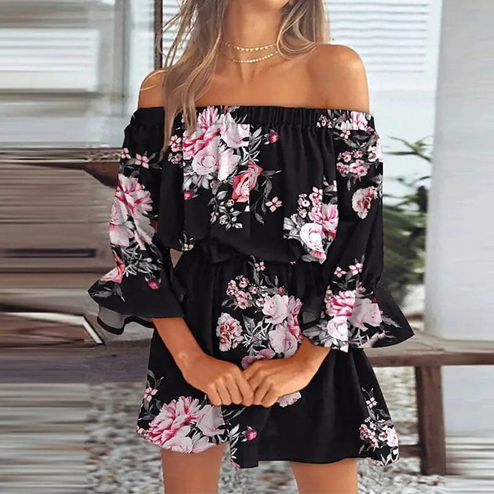 Womens 3/4 Length Sleeve Floral Ruffle Summer Spring Off Shoulder Dress Image 7