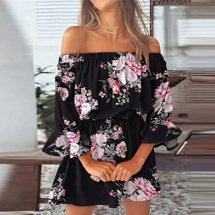 Womens 3/4 Length Sleeve Floral Ruffle Summer Spring Off Shoulder Dress Image 8