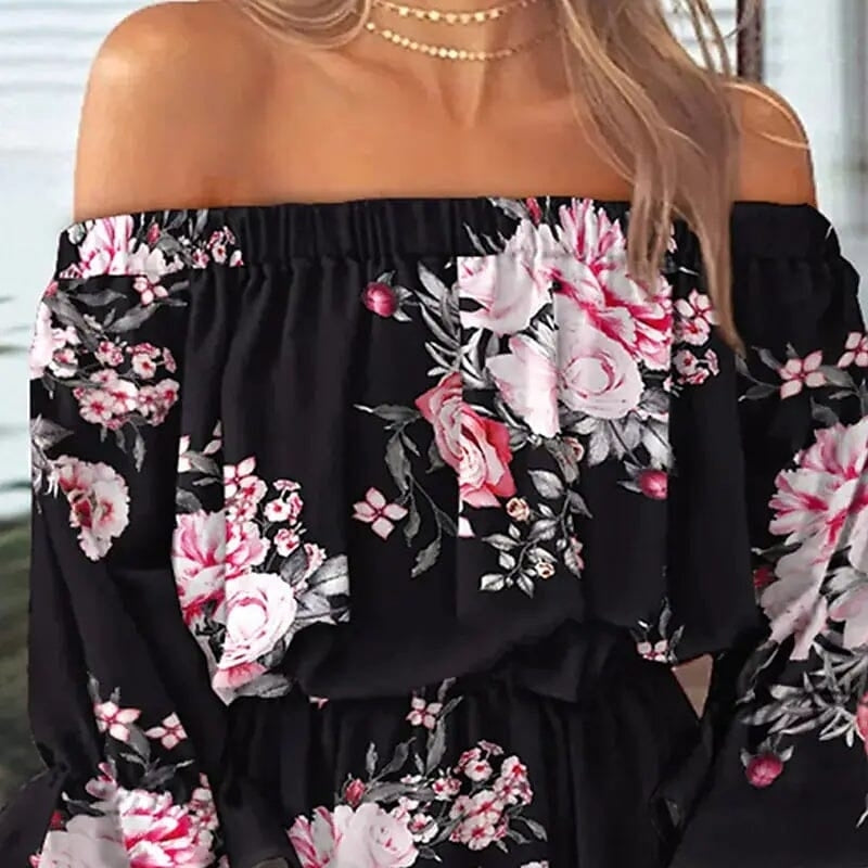 Womens 3/4 Length Sleeve Floral Ruffle Summer Spring Off Shoulder Dress Image 9