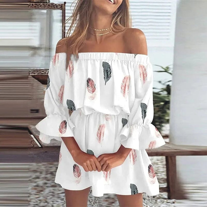 Womens 3/4 Length Sleeve Floral Ruffle Summer Spring Off Shoulder Dress Image 10