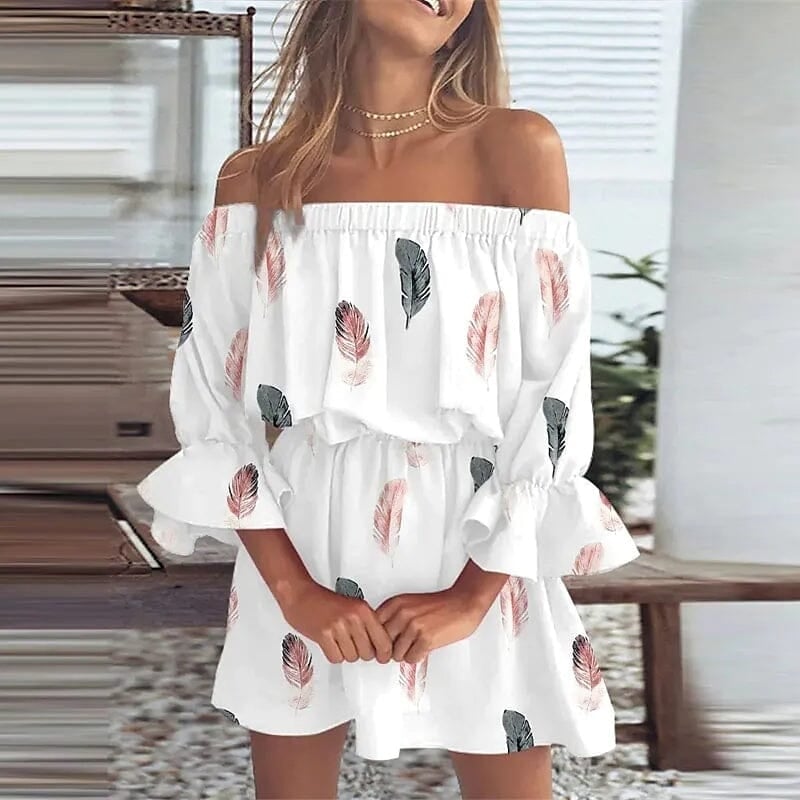 Womens 3/4 Length Sleeve Floral Ruffle Summer Spring Off Shoulder Dress Image 1