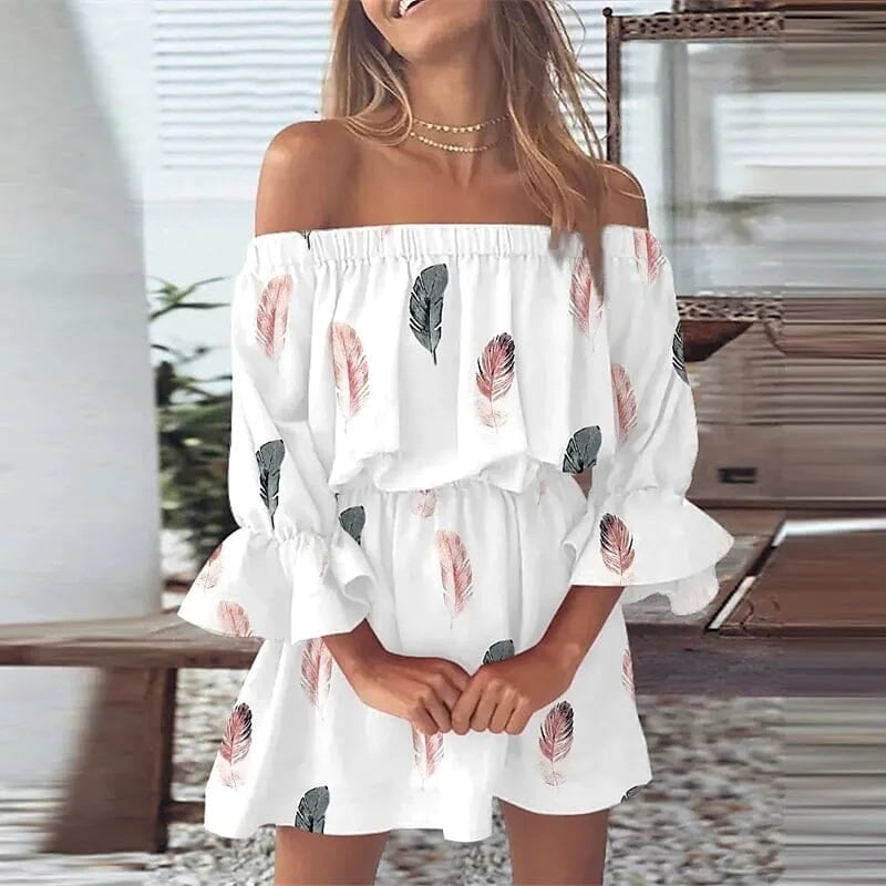 Womens 3/4 Length Sleeve Floral Ruffle Summer Spring Off Shoulder Dress Image 11