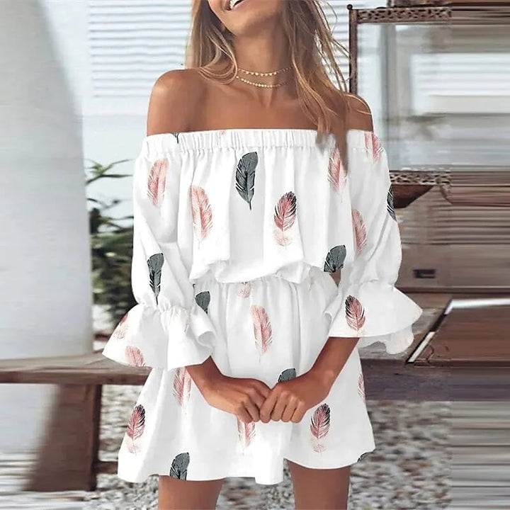 Womens 3/4 Length Sleeve Floral Ruffle Summer Spring Off Shoulder Dress Image 11