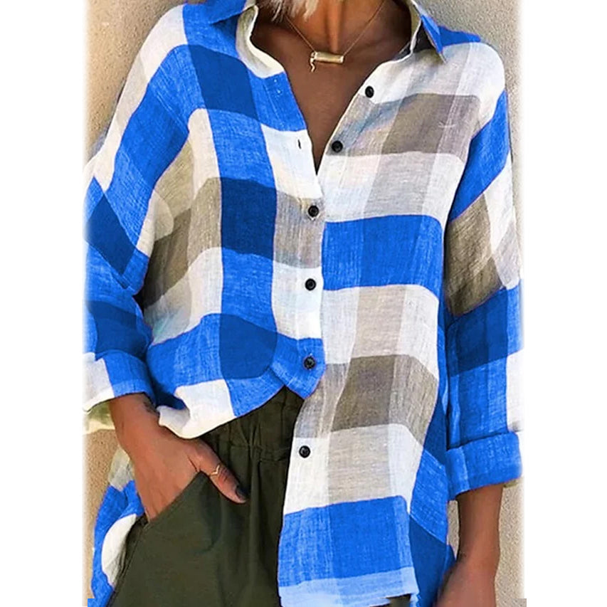 Womens Basic Loose Checkered Long Sleeve Shirt Image 2