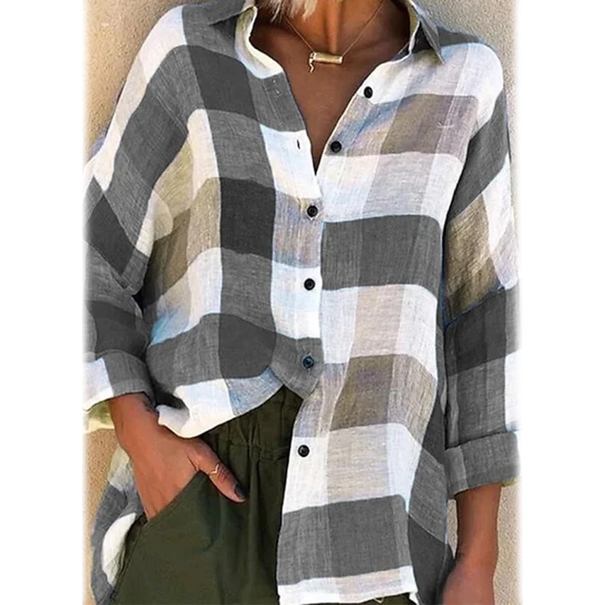 Womens Basic Loose Checkered Long Sleeve Shirt Image 3