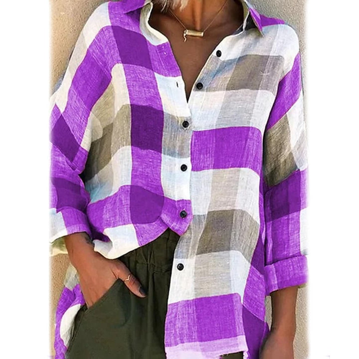 Womens Basic Loose Checkered Long Sleeve Shirt Image 4