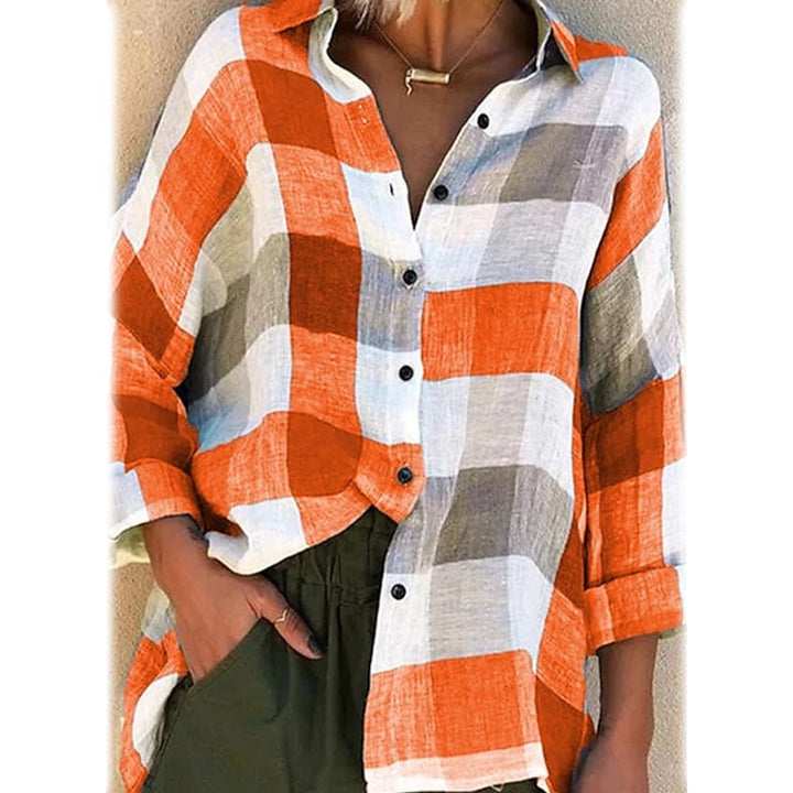 Womens Basic Loose Checkered Long Sleeve Shirt Image 4