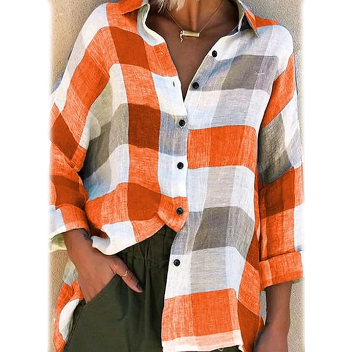 Womens Basic Loose Checkered Long Sleeve Shirt Image 1