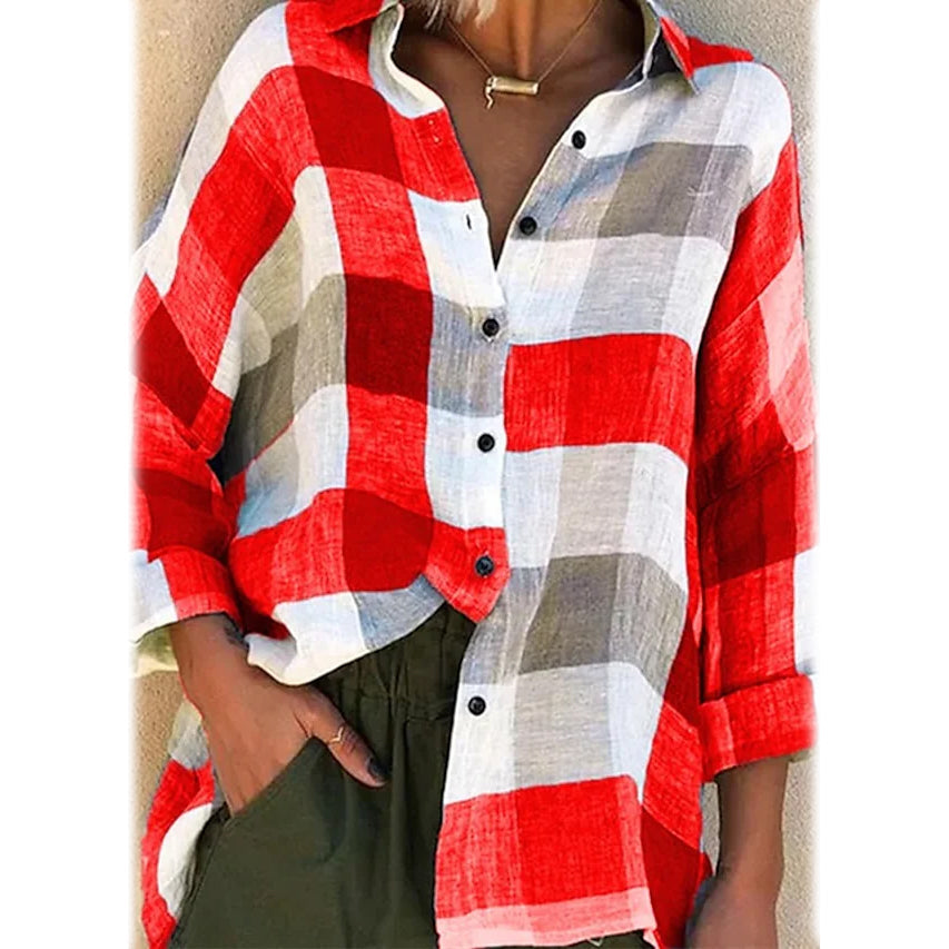 Womens Basic Loose Checkered Long Sleeve Shirt Image 6