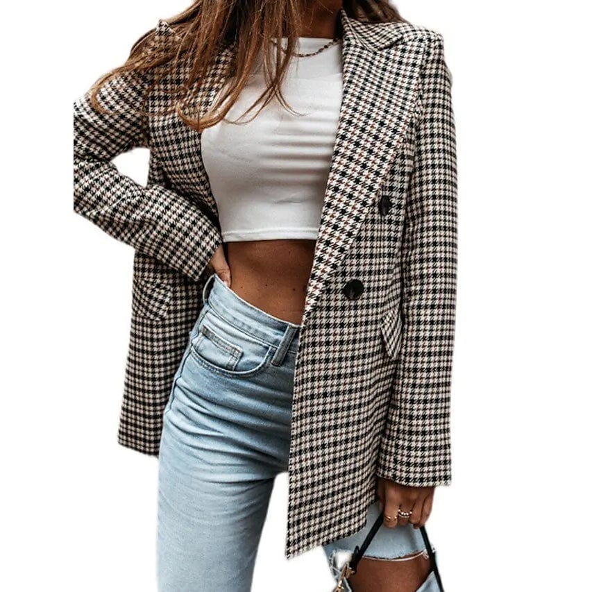 Womens Blazer Casual Jacket Long Sleeve Plaid Check Quilted Image 1