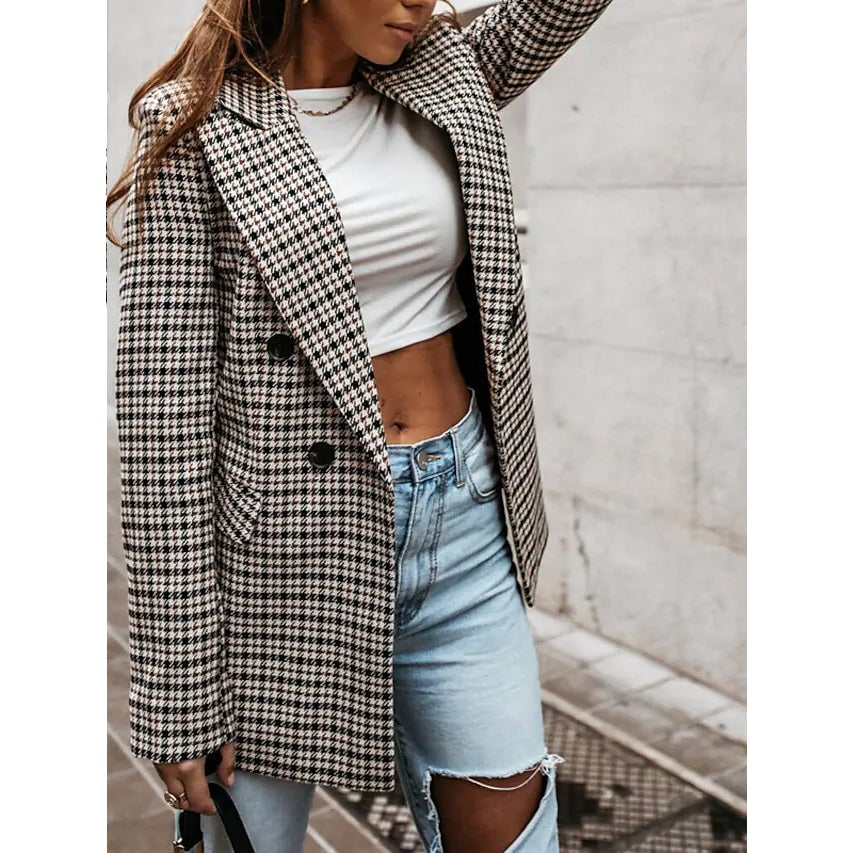 Womens Blazer Casual Jacket Long Sleeve Plaid Check Quilted Image 4