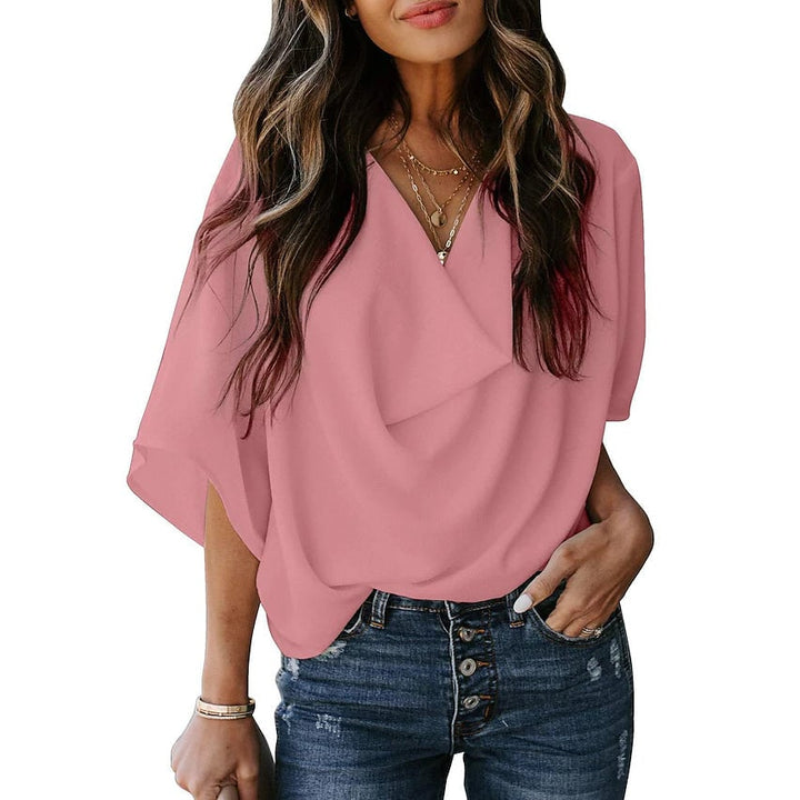 Womens Blouse Plain V Neck Basic Tops Image 3