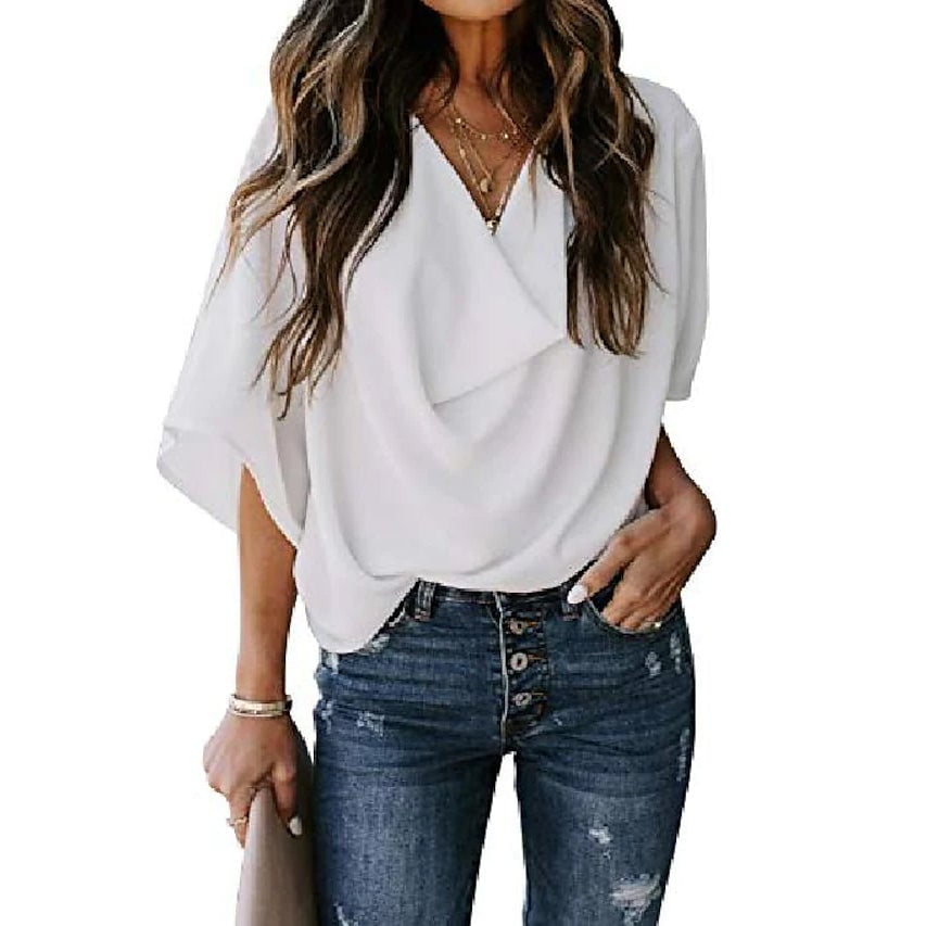 Womens Blouse Plain V Neck Basic Tops Image 1