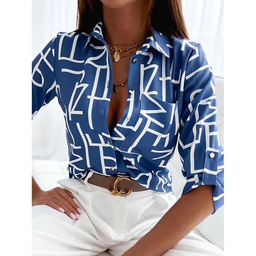 Womens Blouse Shirt Button Pocket Long Sleeve Image 1